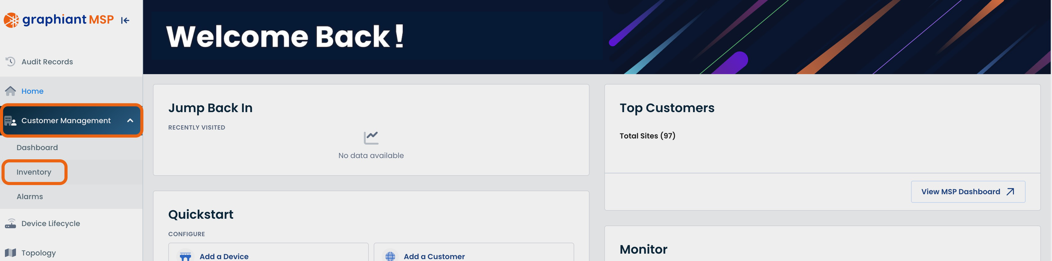 Dashboard interface displaying customer management and inventory sections for user navigation.